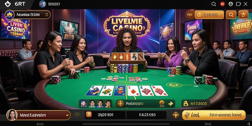 Screenshot gameplay 6RT menampilkan dealer langsung dan suasana kasino seru.
