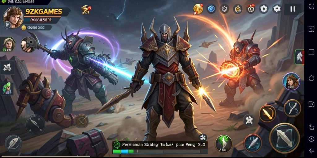 Screenshot menunjukkan aksi pertempuran strategis di 9ZKGAMES.