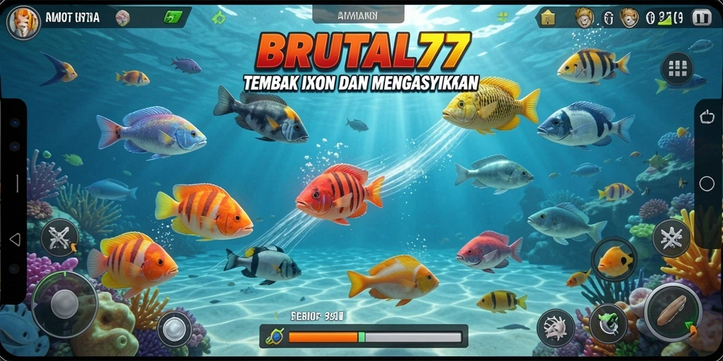 Screenshot gameplay BRUTAL77 menampilkan aksi menembak ikan yang mendebarkan.