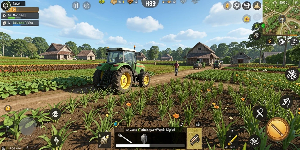 Screenshot H89 menampilkan pengalaman bertani yang interaktif dan visual yang menarik.