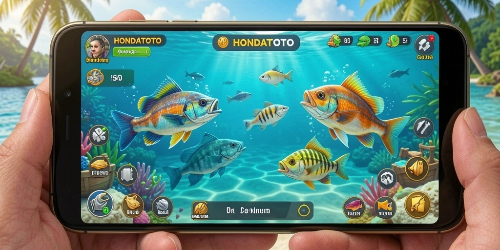 Screenshot HONDATOTO menampilkan aksi seru saat menembak ikan di bawah laut.