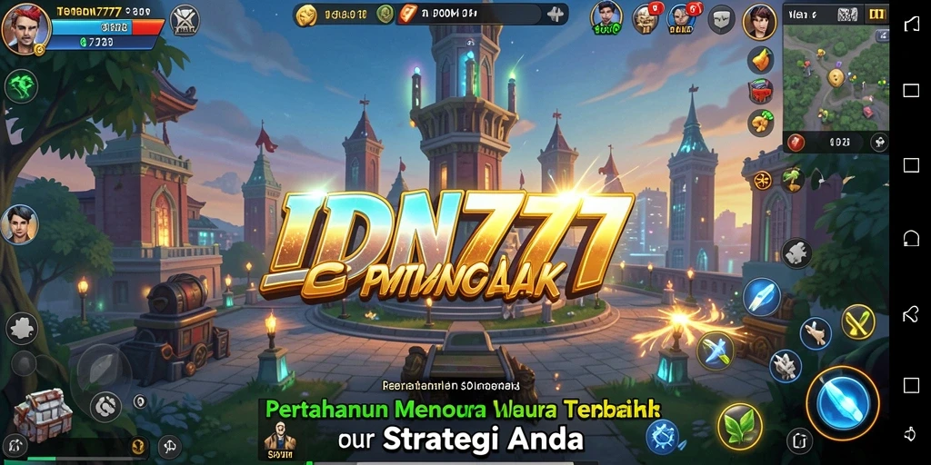 Screenshot utama IDN777 menunjukkan aksi menara dalam pertempuran melawan gelombang musuh.