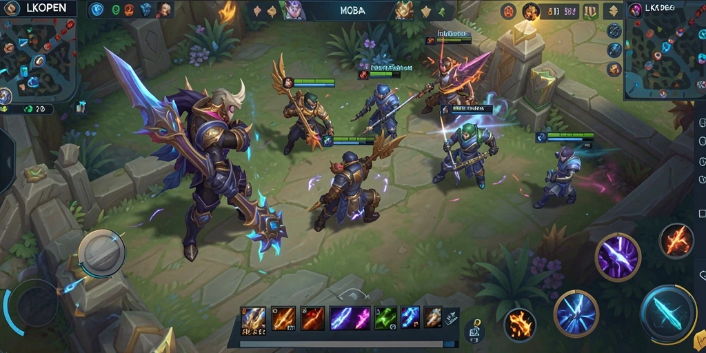 Tampilan utama gameplay LKOPEN dengan pertempuran seru dalam arena MOBA.