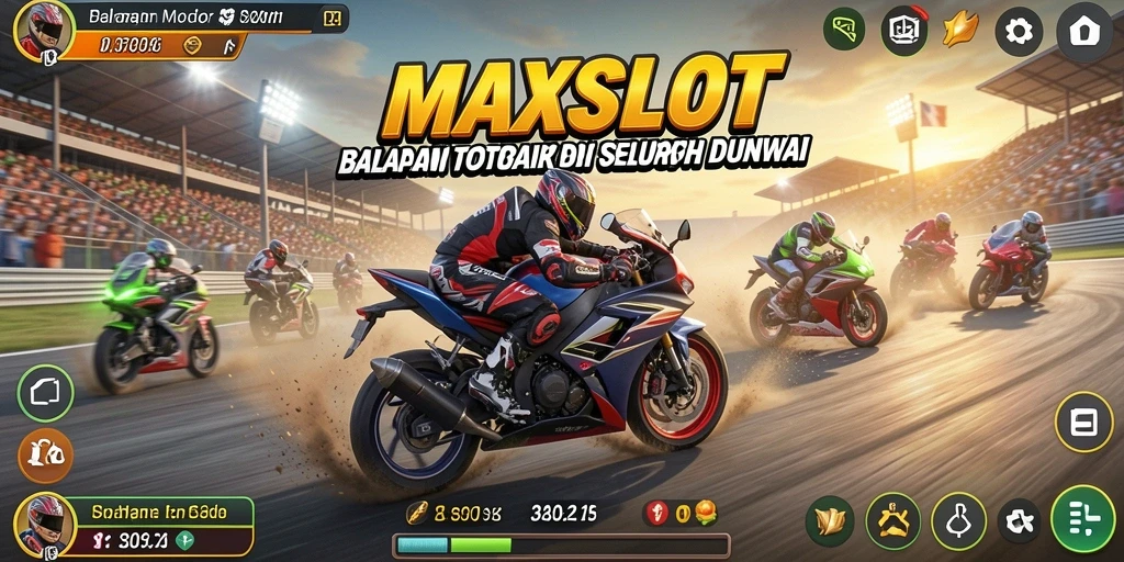 Screenshot gameplay <strong>MAXSLOT</strong> menampilkan aksi balap motor yang mendebarkan.