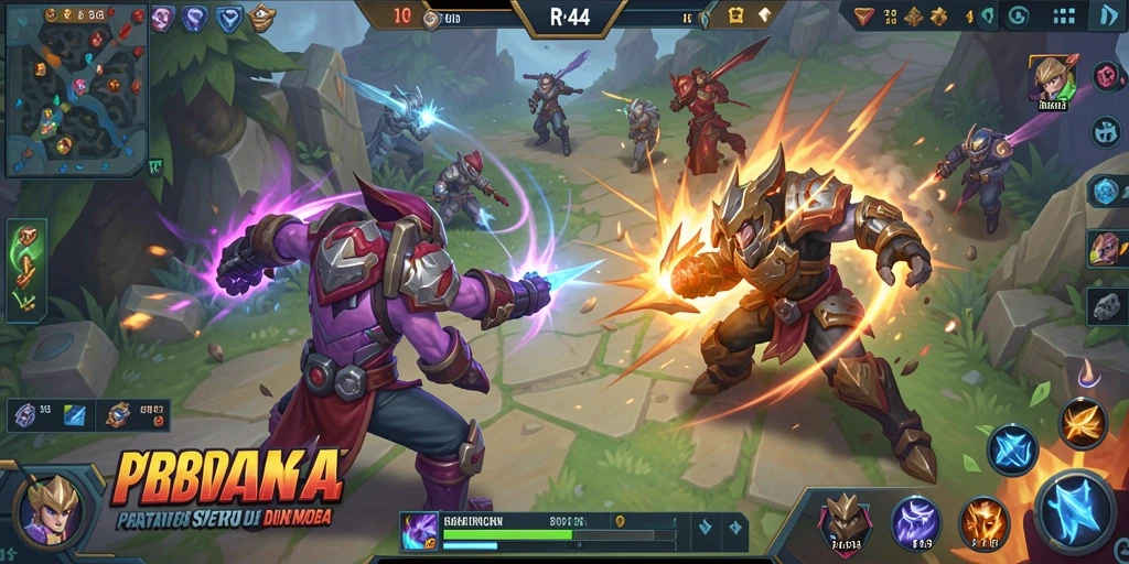 Screenshot utama RR44 menunjukkan aksi seru dalam permainan MOBA.